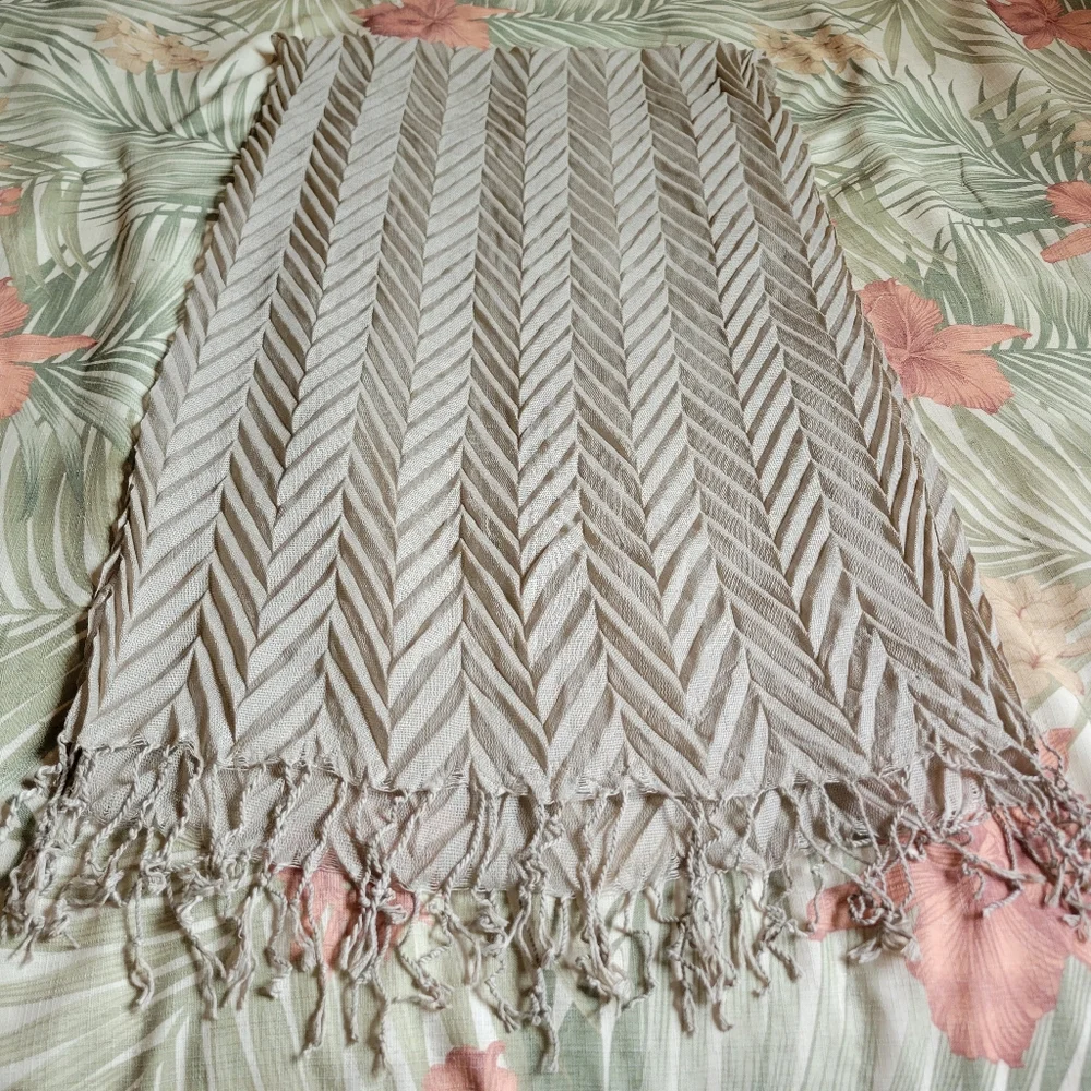 3/$25 Pleated Chevron Scarf with Fringe Beige Neutral Lightweight